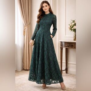 Emerald Green Lace Long Dress A-Line Sheer Front Side Zip Pockets Elegant